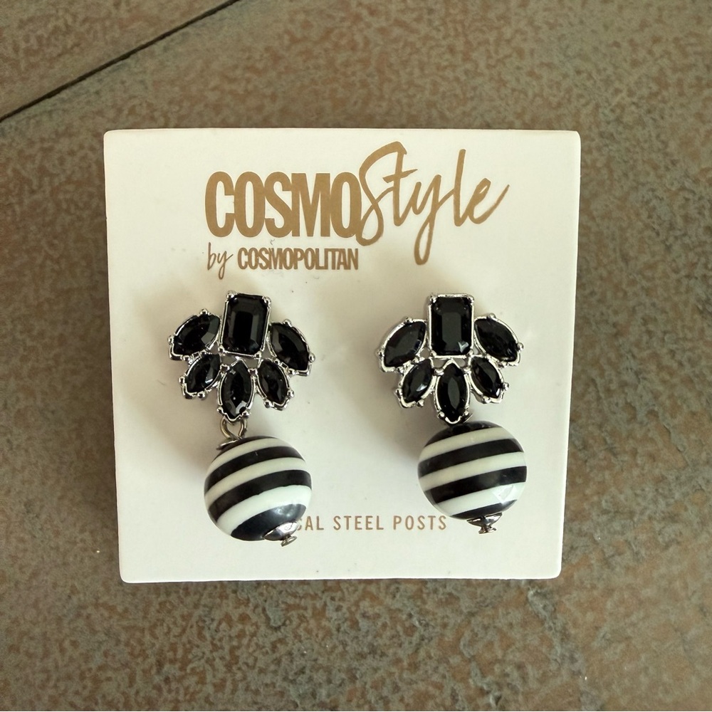 Cosmopolitan Black and White Striped Drop Earrings with Black Crystal Cluster